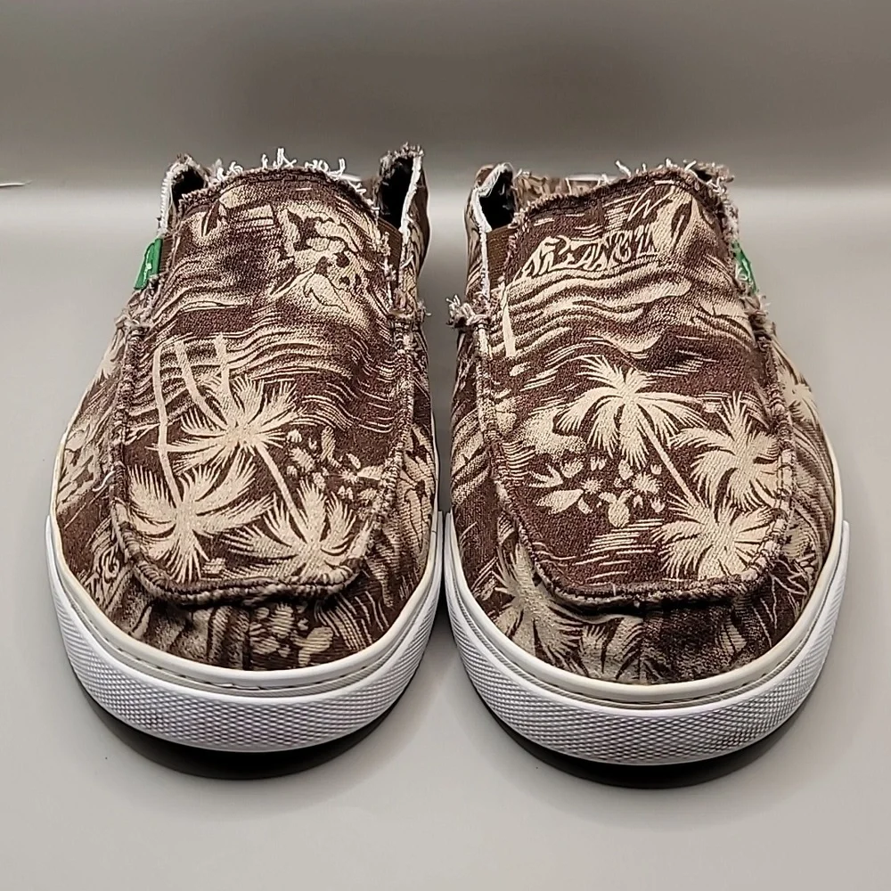 SANUK Sidewalk Surfers Shoes Men's Sz 9 Brown Frayed Palms Canvas Slip-On Beachy - Picture 2 of 10